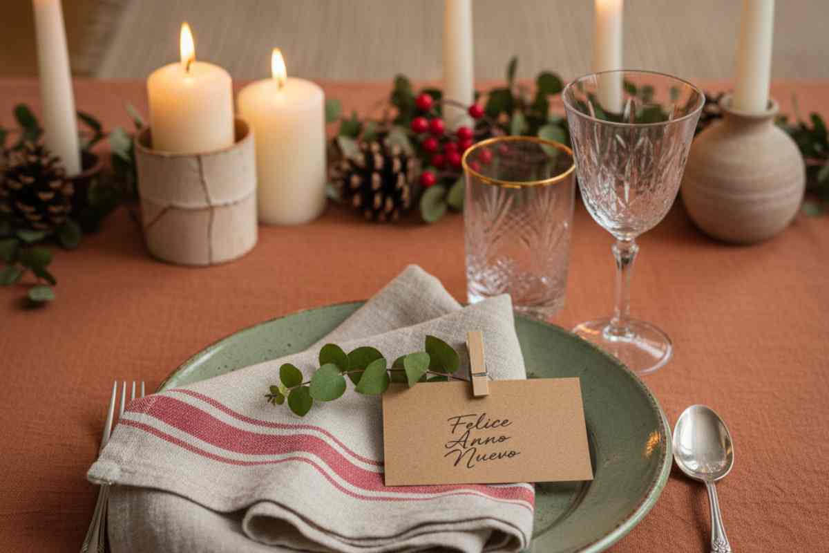 tavola per Capodanno arredata con oggetti casalinghi e rivisitati in stile country: candele, tovaglioli di lino vintage, biglietti di carta