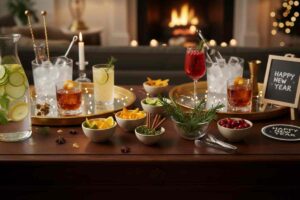 angolo bar per capodanno con drink, ciotole con ghiaccio, rosmarino, arancia