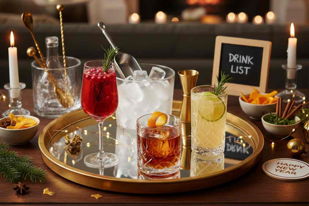 vassoio a specchio con copra dei drinks per capodanno