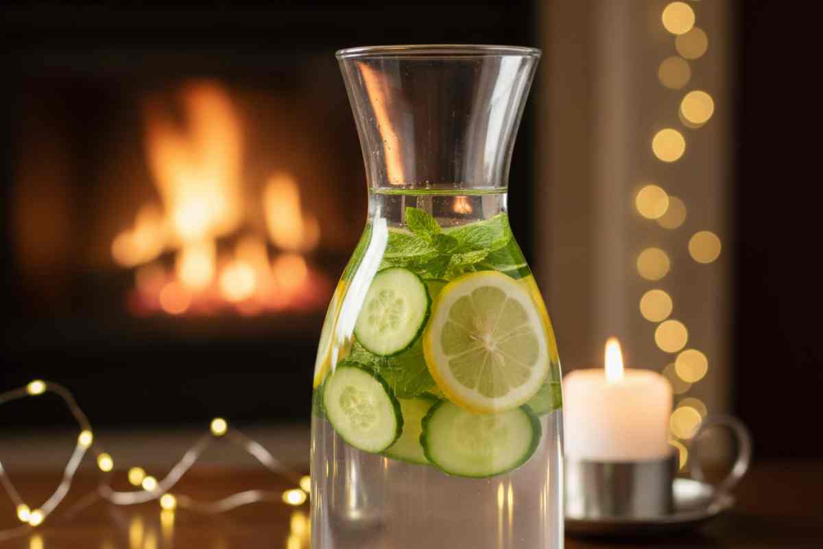 caraffa di vetro trasparente con acqua cetriolo e limone