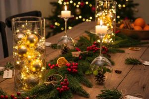tavola allestita per Natale con vari centrotavola, bicchieri, rami di pino, palline, candele, arance