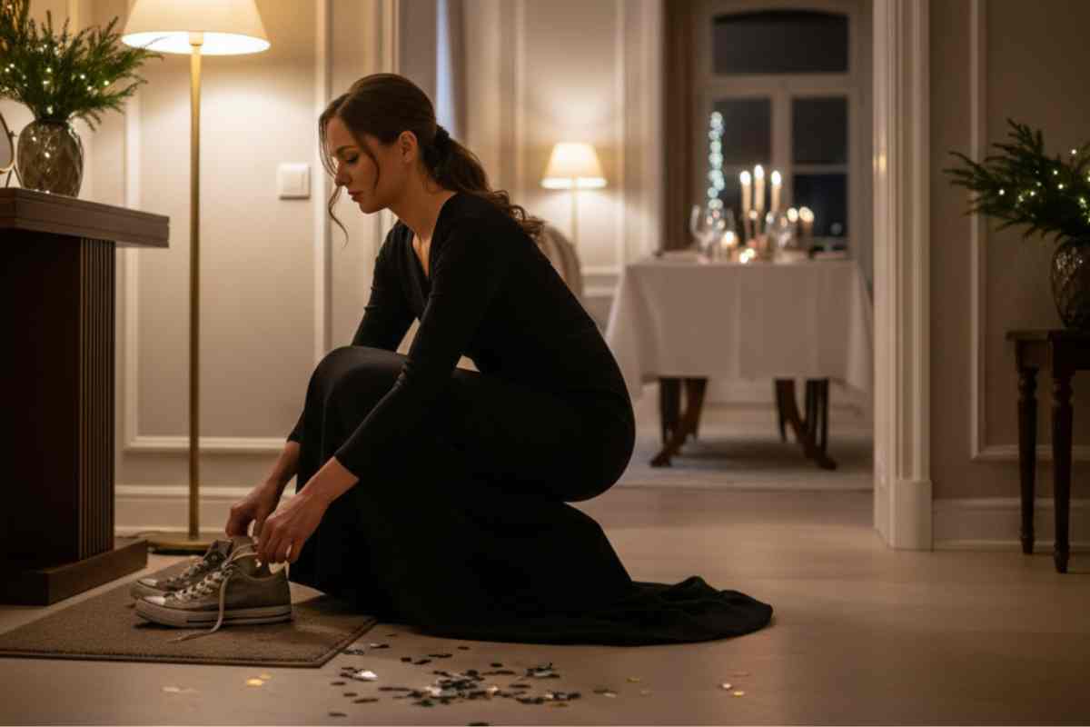 donna vestita elegante sposta dall'ingresso delle scarpe da ginnastica