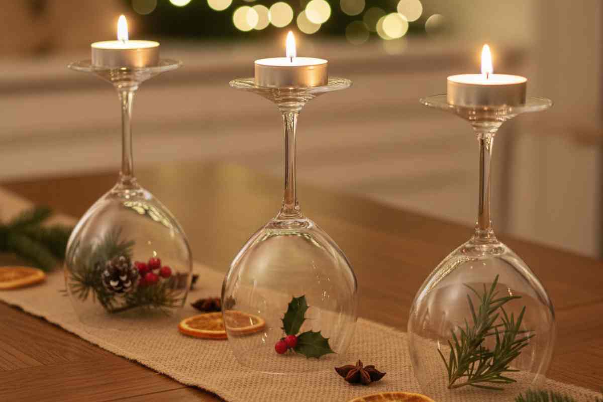 tre calici trasparenti messi al contrario con candela appoggiata sopra la base
