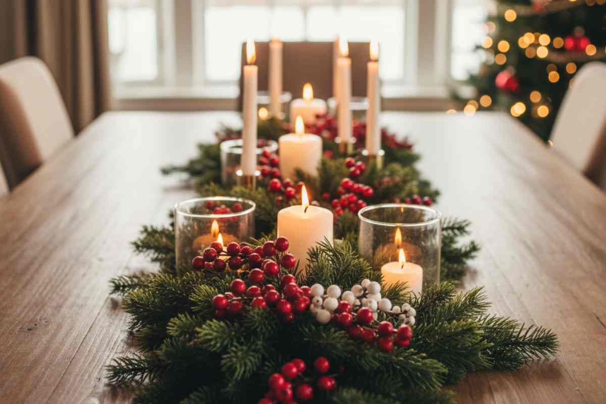 centrotavola lungo con canderle rami di pinoe agrifoglio