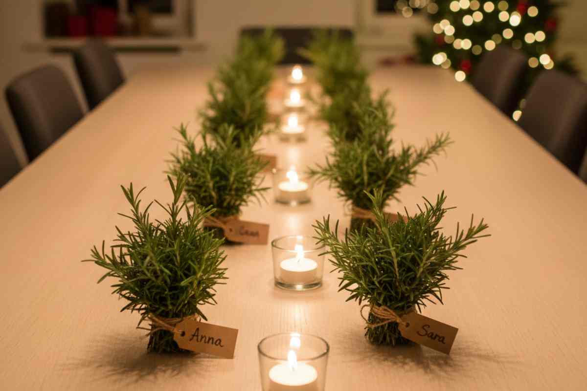 rametti di rosmarino legati per formare dei mazzetti con tag per il nome e candele distese su un tavolo