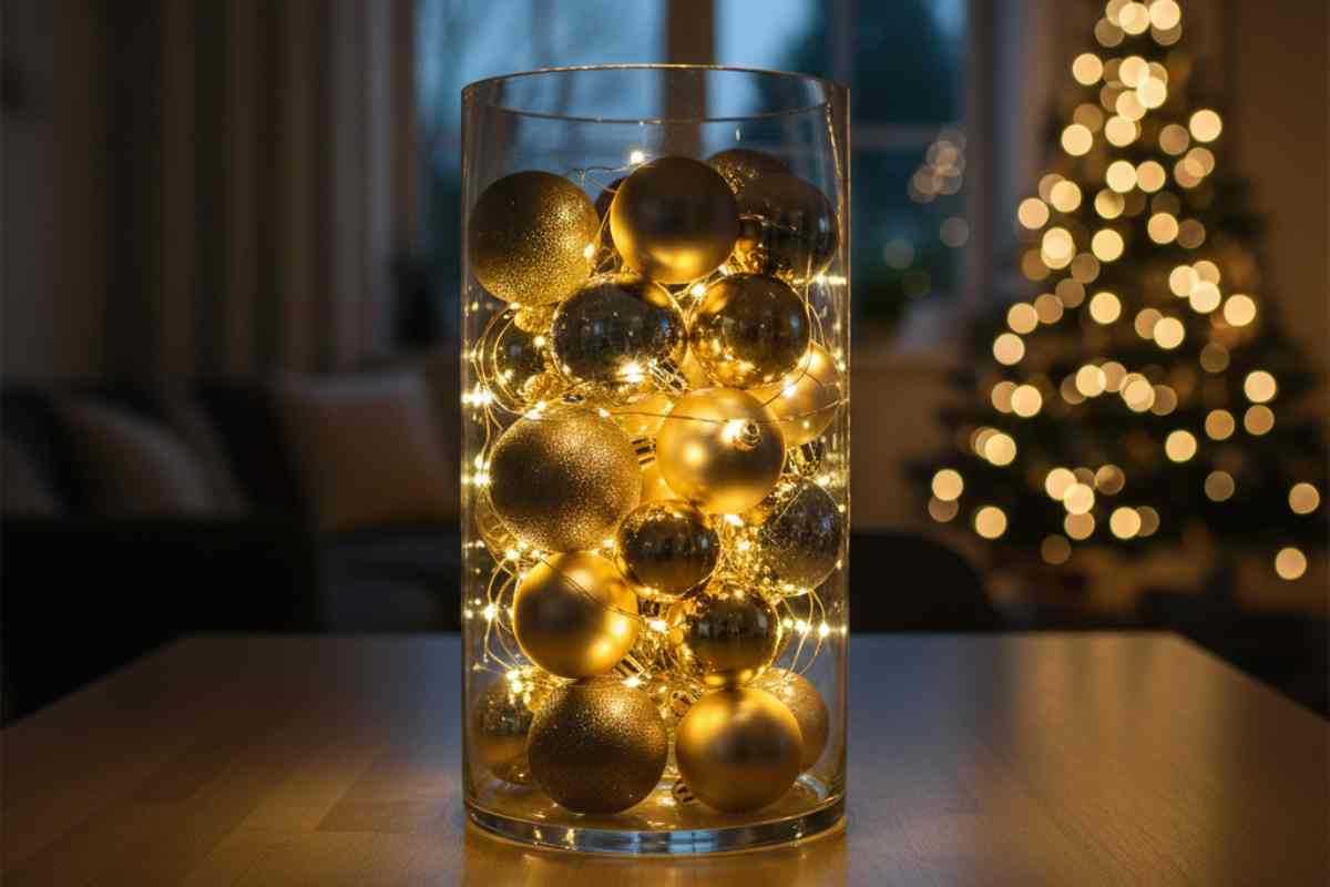 vaso trasparente con palline dentro e led su un tavolo
