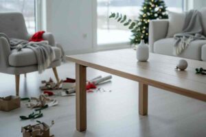 salotto pieno di carta regalo e oggetti buttati a terra dopo una festa di Natale