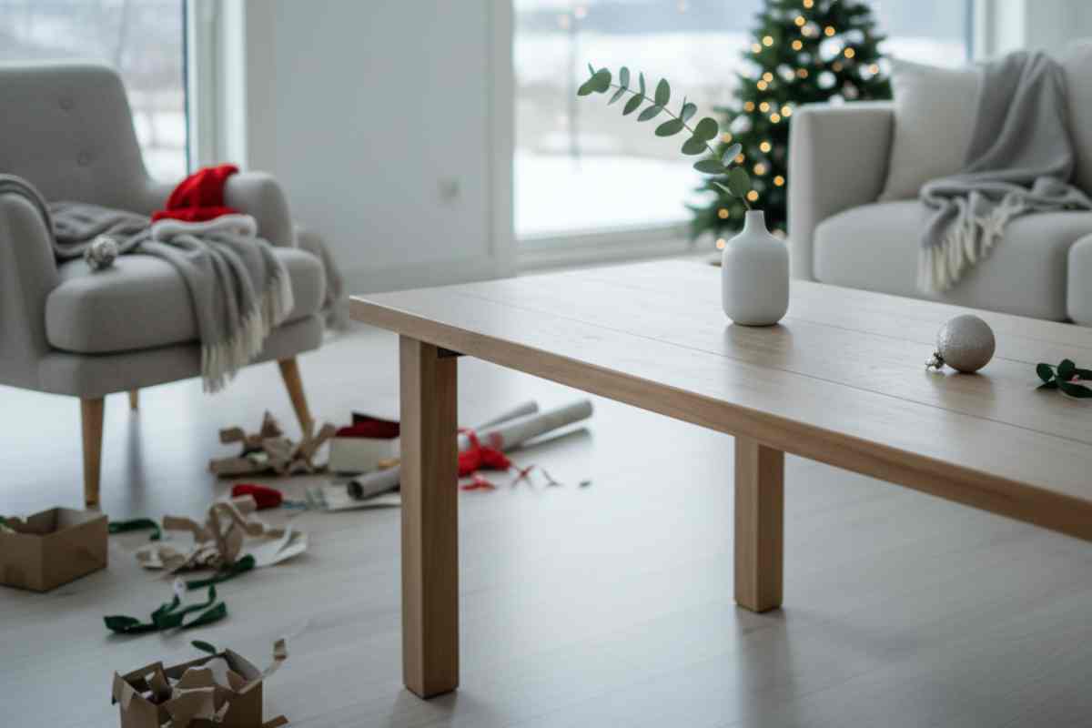 salotto pieno di carta regalo e oggetti buttati a terra dopo una festa di Natale