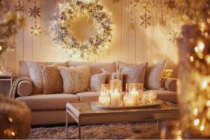 salotto chiar decorato per natale con addobbi chiari e con luci calde