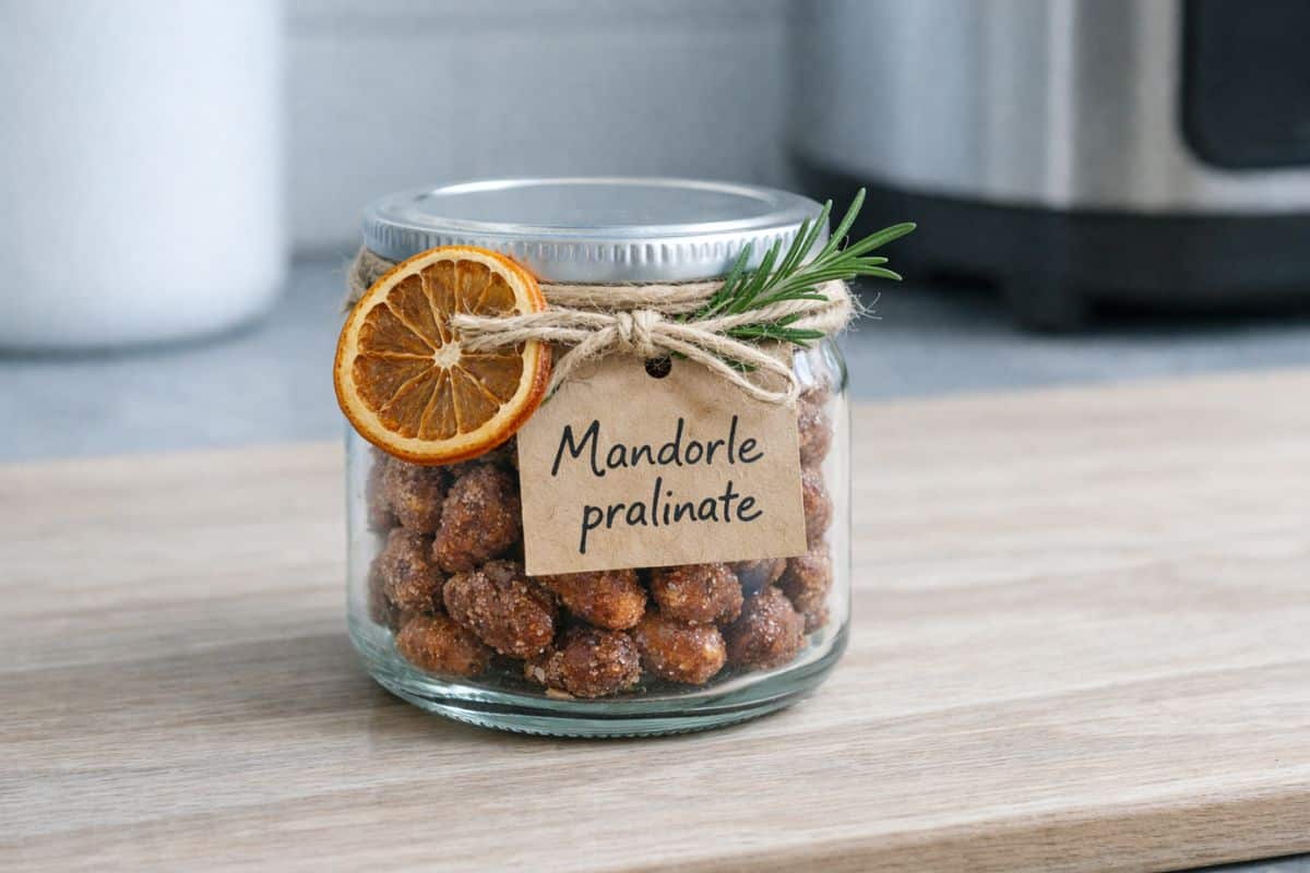Barattolo di vetro su piano cucina con mandorle pralinate
