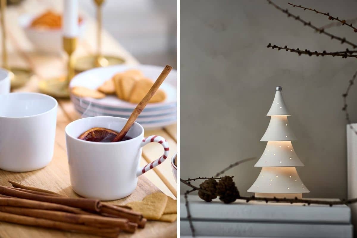 Tazza bianca con manico natalizio e lampada a forma di albero di Natale