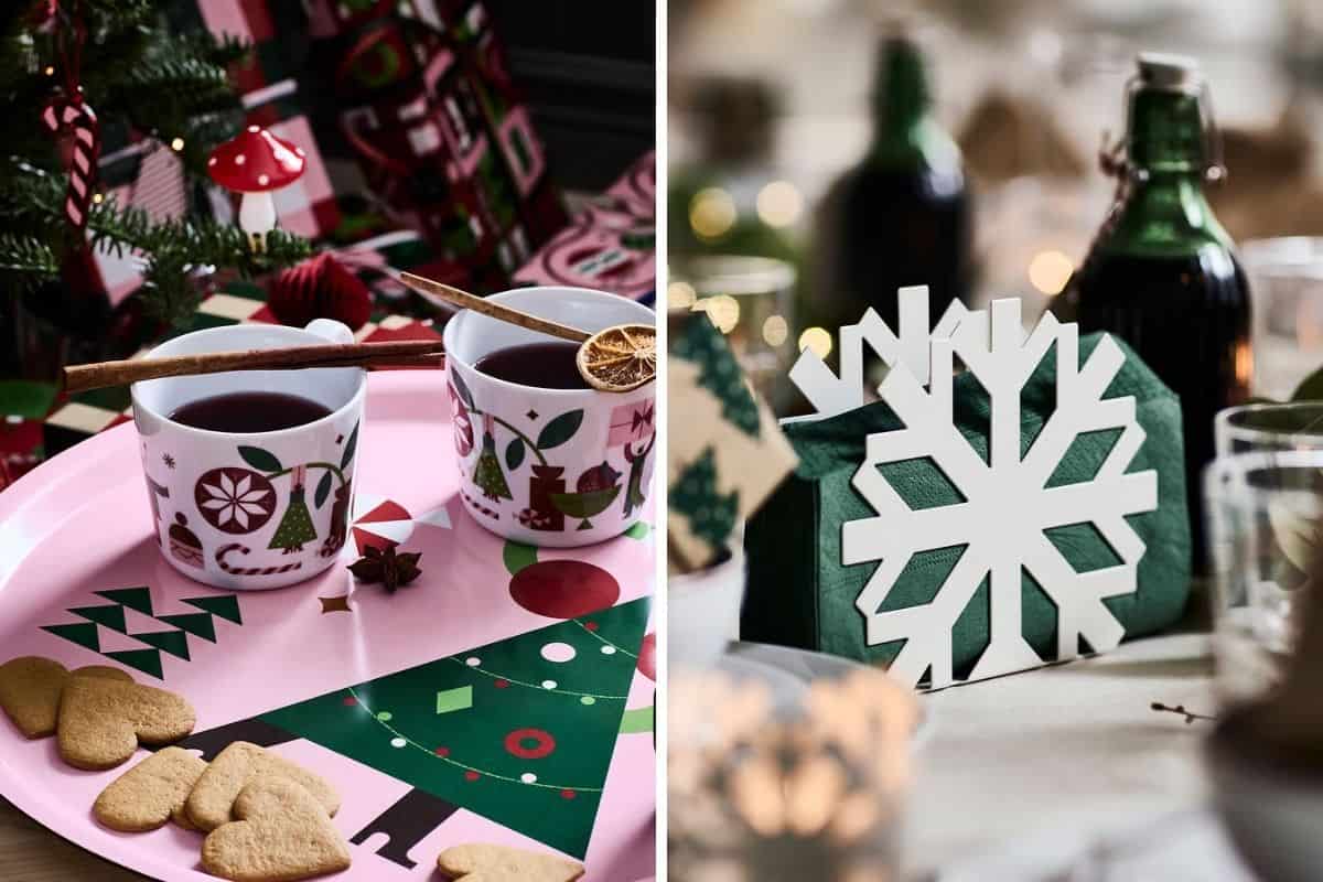 Piatto rosa con tema natalizio e portatovaglioli a forma di fiocco di neve