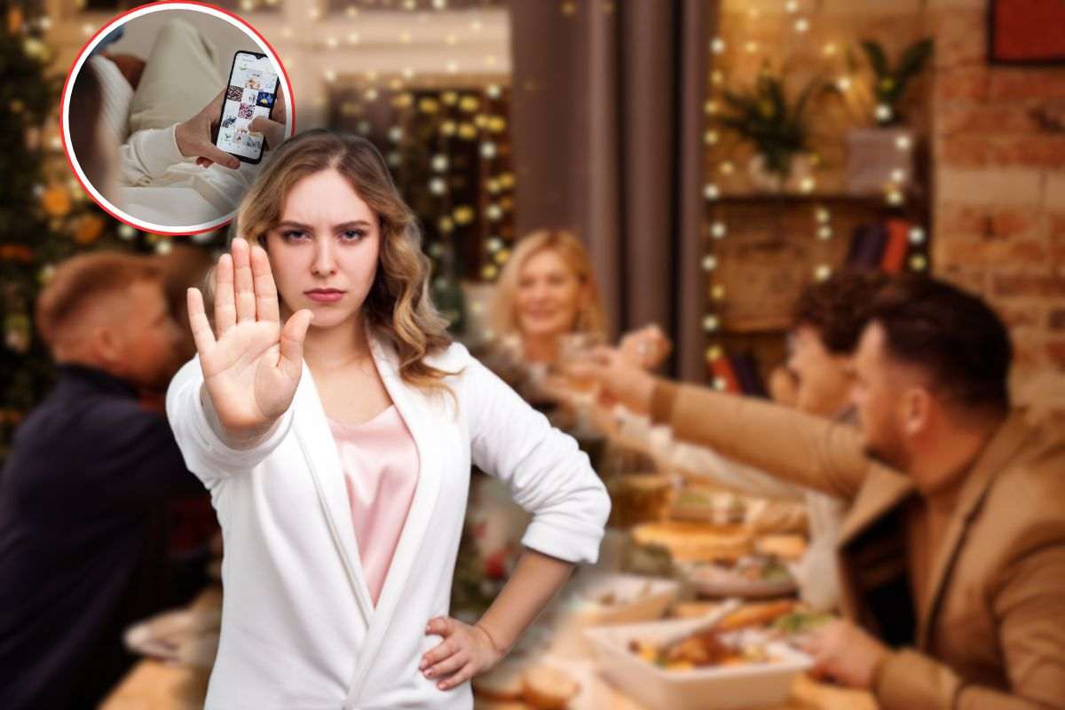 parenti a tavola a natale, donna su instagram in icona e un'altra che fa stop con le mani