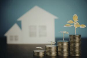 casa sullo sfondo bianca monete in fila crescente e piantine