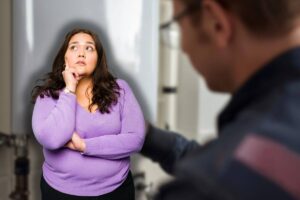 tecnico che controlla caldaia e donna che pensa