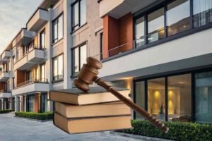 sfondo di un condominio moderno e in primo piano libri e martello di un giudice