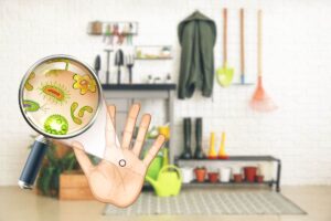 come sfondo un ingresso di casa con attacca panni e oggetti sparsi, in primo piano una lente d'ingrandimento che mostra germi presenti su una mano