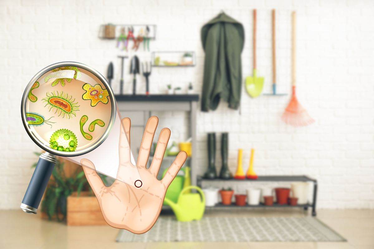 come sfondo un ingresso di casa con attacca panni e oggetti sparsi, in primo piano una lente d'ingrandimento che mostra germi presenti su una mano