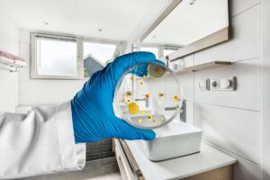 sfondo di un bagno moderno e in primo piano una mano di un medico che mantiene un vetrino con una colonia di batteri