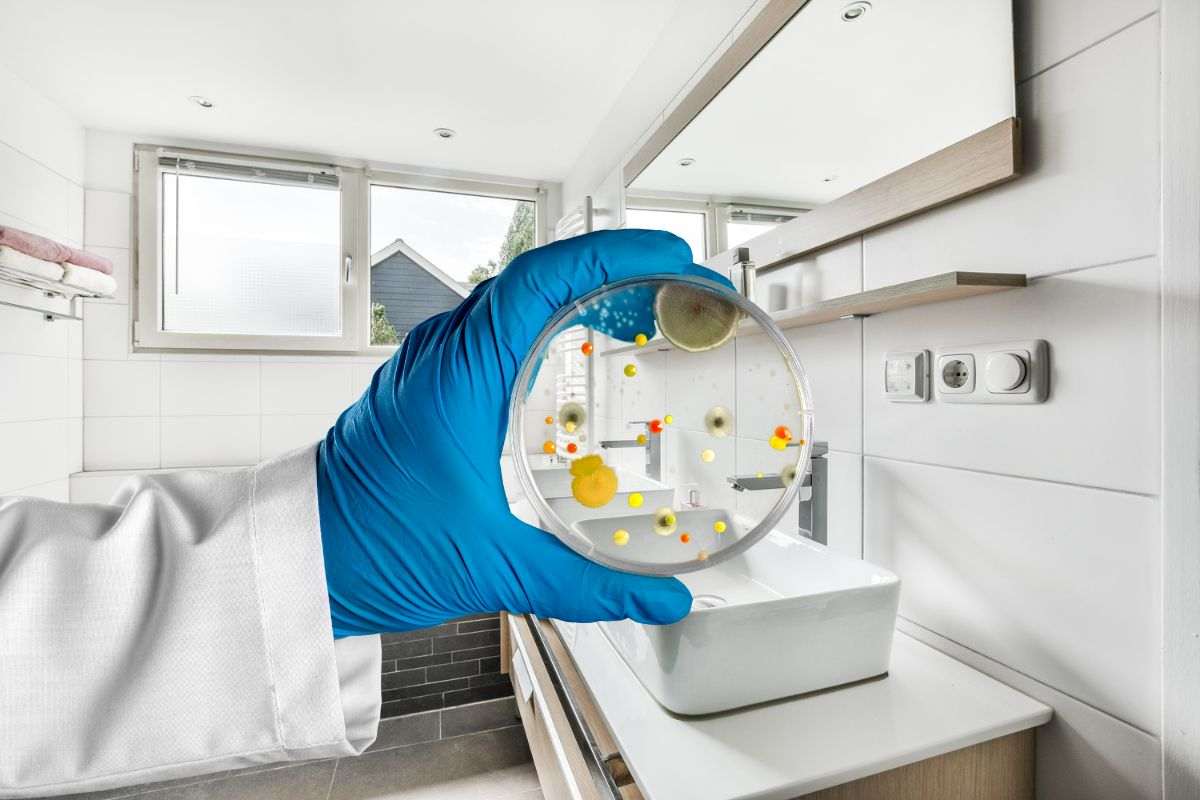 sfondo di un bagno moderno e in primo piano una mano di un medico che mantiene un vetrino con una colonia di batteri