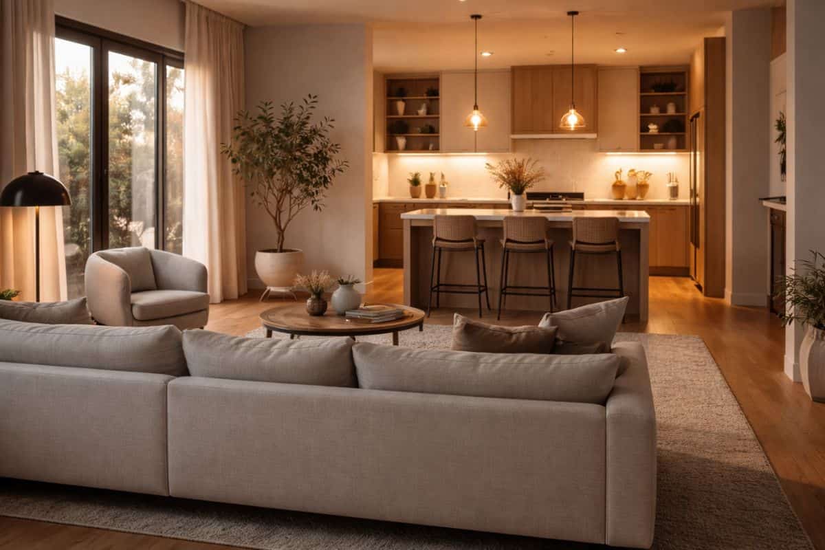 Divano centrale, tappeto ampio, cucina con isola sullo sfondo, luce calda serale