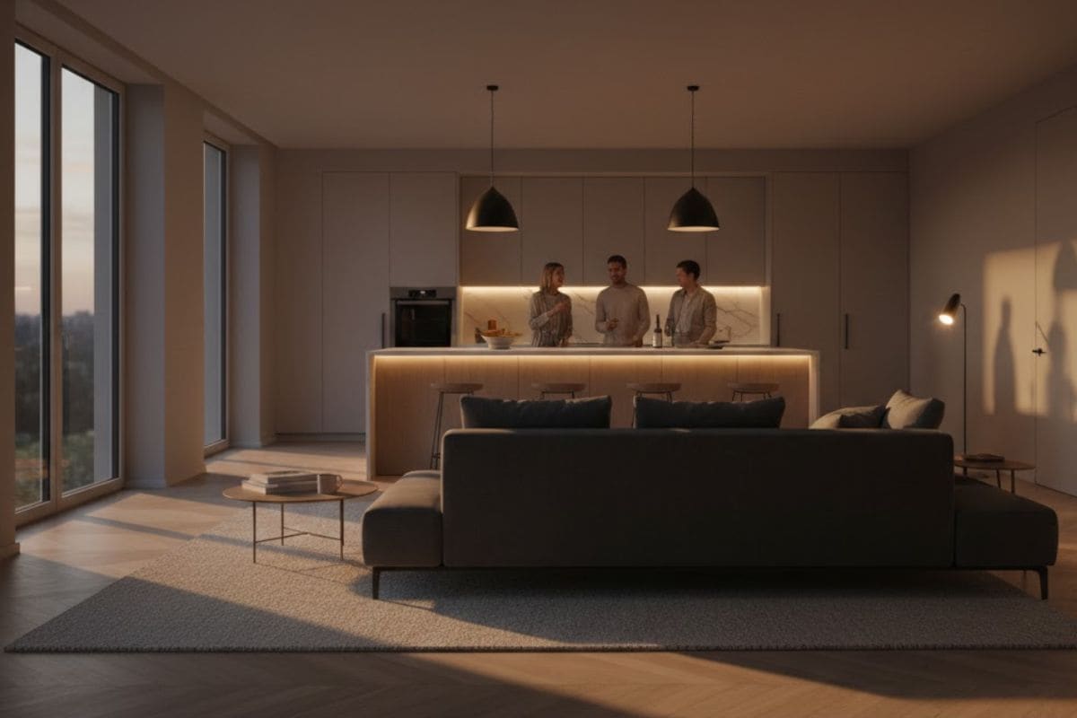 Divano di spalle alla cucina, isola illuminata, luce naturale al tramonto