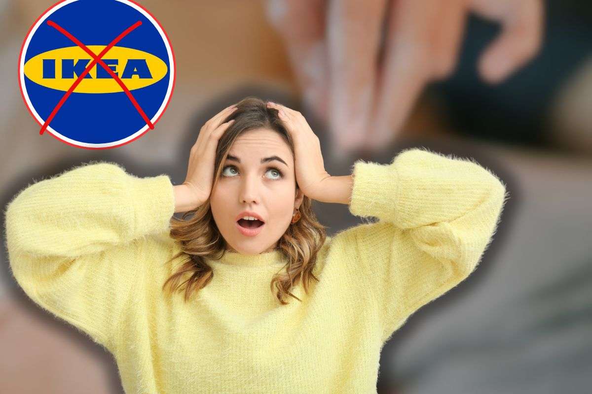 donna che lavora con pasta modellabile, logo ikea con x rossa e un'altra donna sconvolta con mani in testa