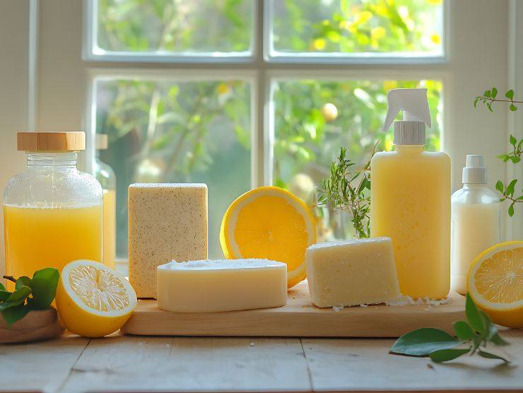 una serie di prodotti naturali come limone e sapone di marsiglia, sistemati su un tagliere in legno