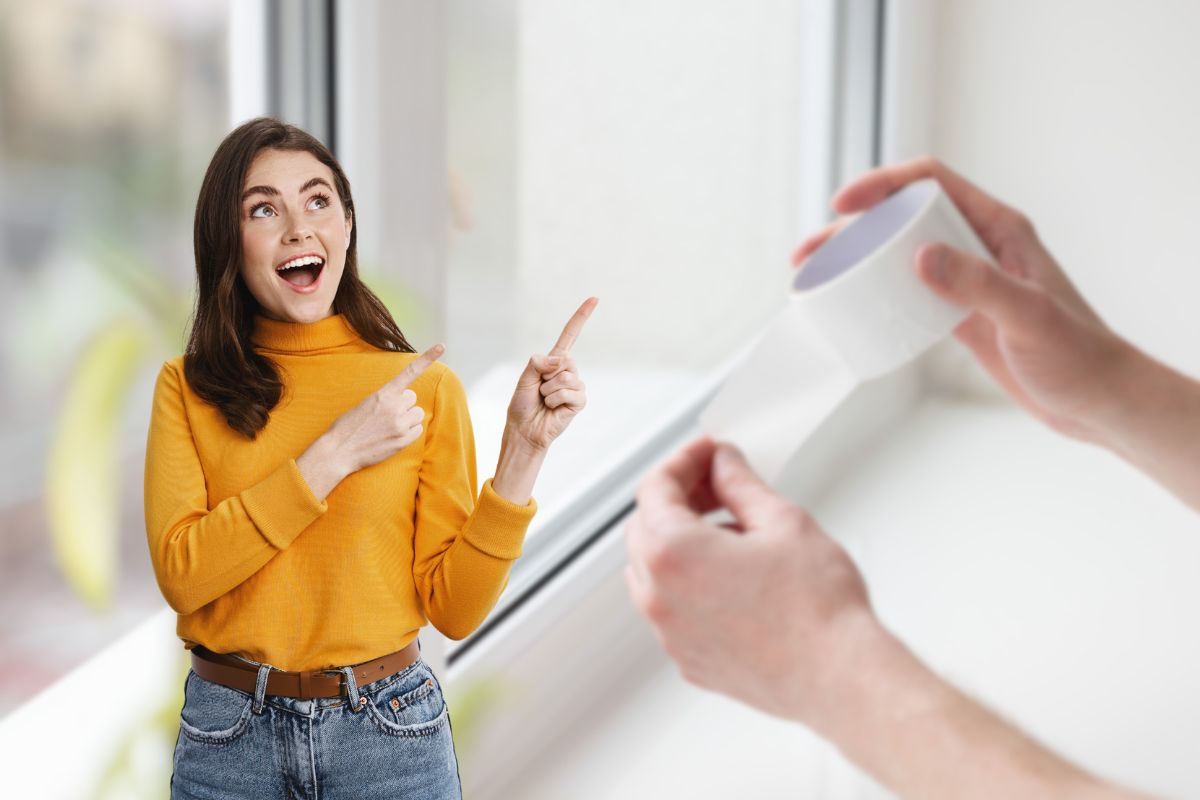 donna che esulta in primo piano e come sfondo una finestra di casa, su cui sta per essere applicata della carta protettiva