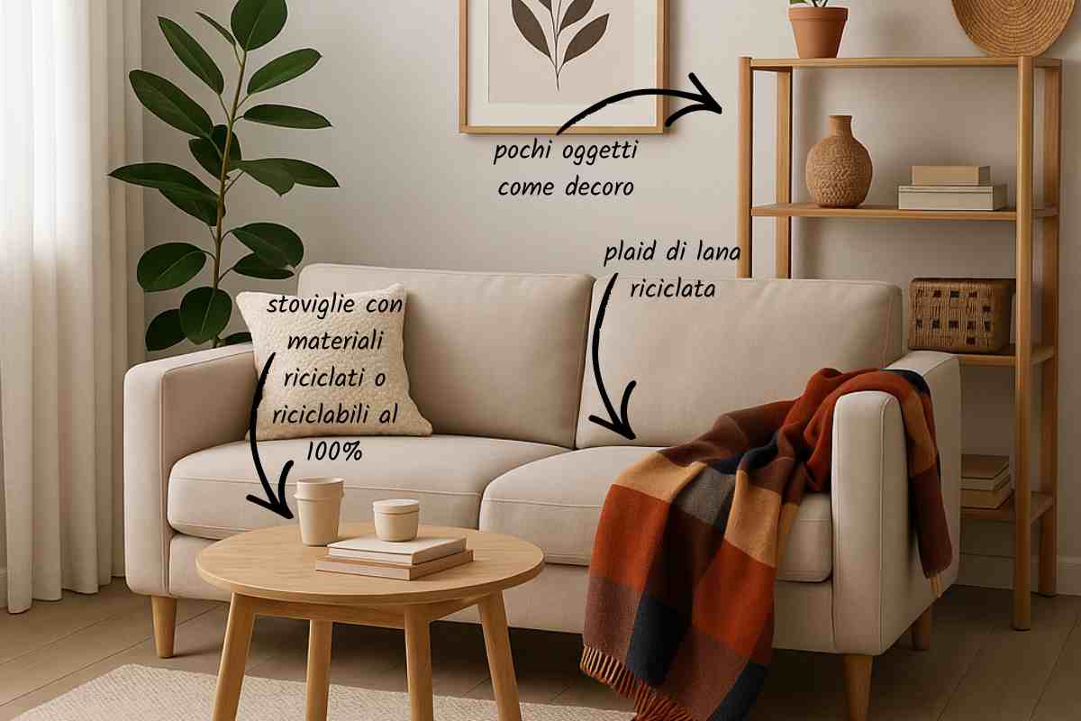 salotto con arredamento chiaro ma con pochi oggi di decoro, una pianta ed un tavolino