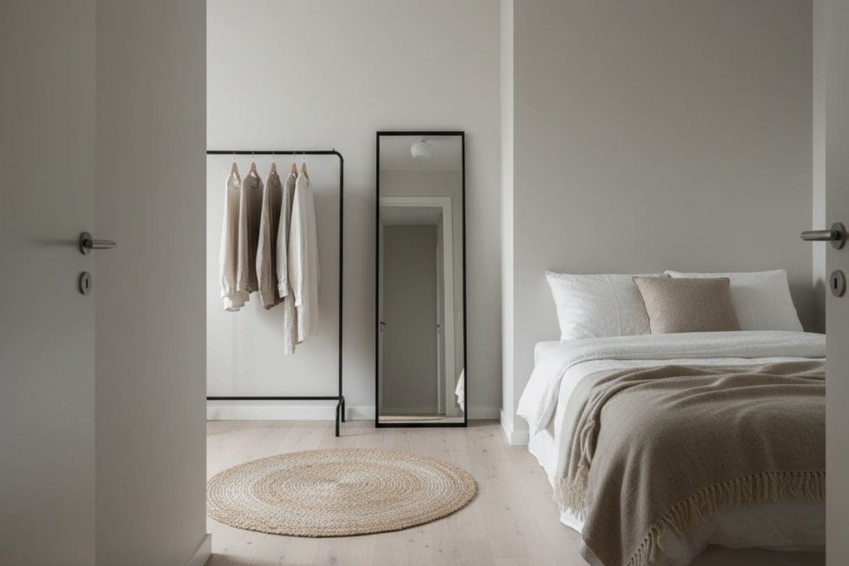 Letto alla parete e spazio centrale occupato da tappeto, specchio e attaccapanni