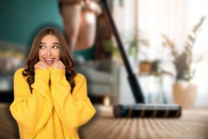 donna che passa aspirapolvere in casa e un'altra contenta