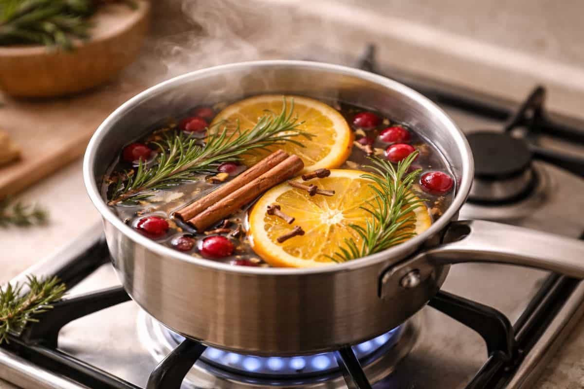 primo piano del pentolino sul fuoco, con l'acqua che fuma leggermente con arancia e cannella
