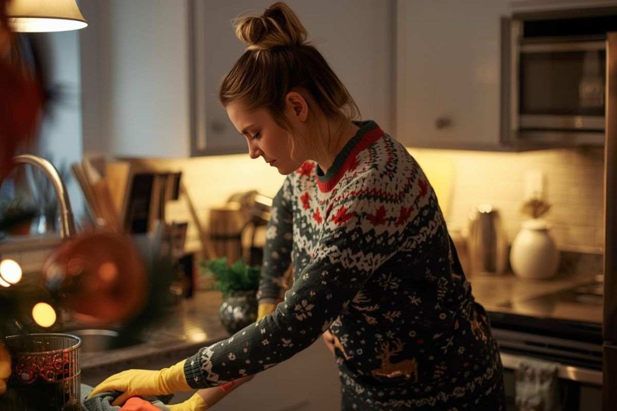 donna con maglione natalizio che pulisce la cucina