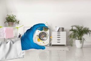 come sfondo dell'immagine c'è un angolo lavanderia in casa, in primo piano la mano di un medico che mantiene un vetrino pieno di batteri