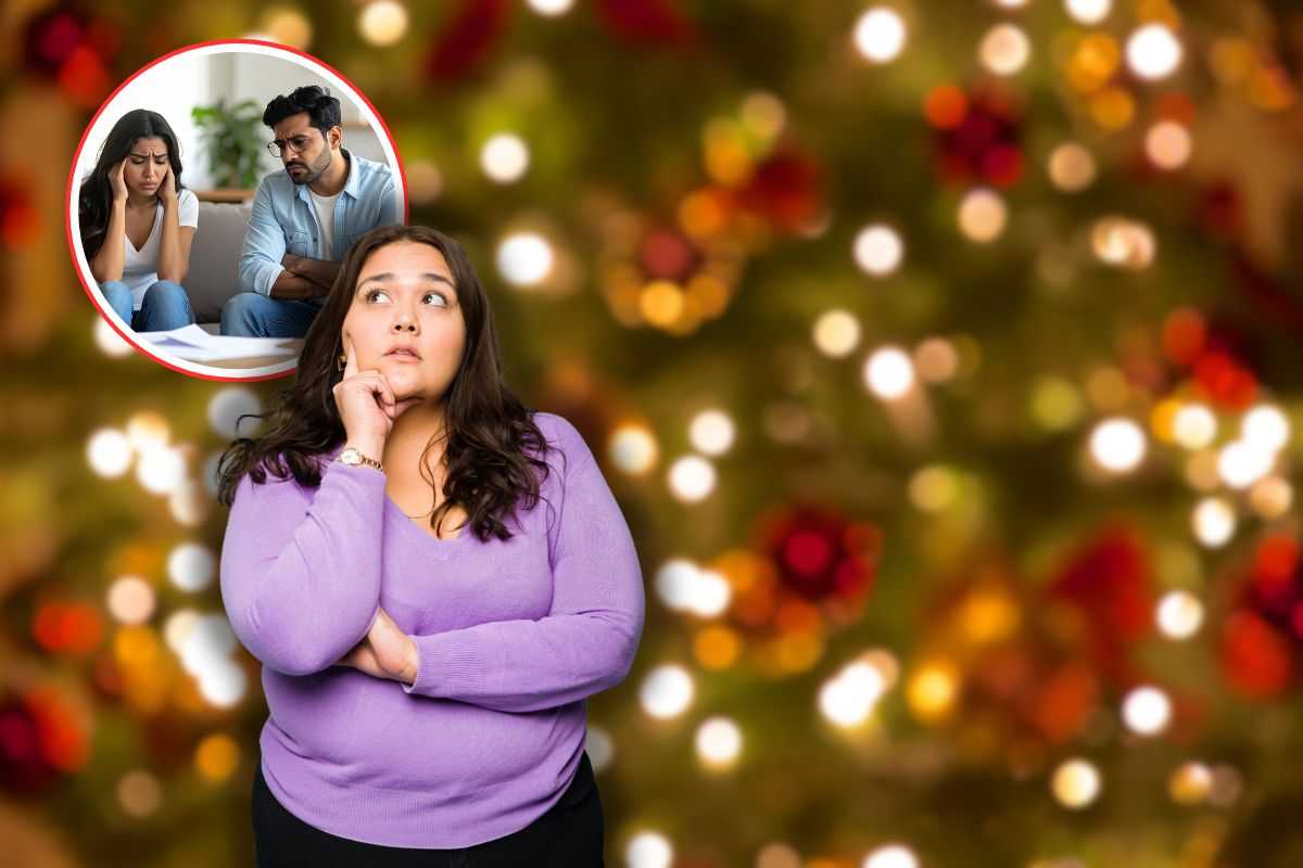 luci di natale su albero sullo sfondo, coppia disperata con bollette in mano in icona e una donna che pensa in primo piano
