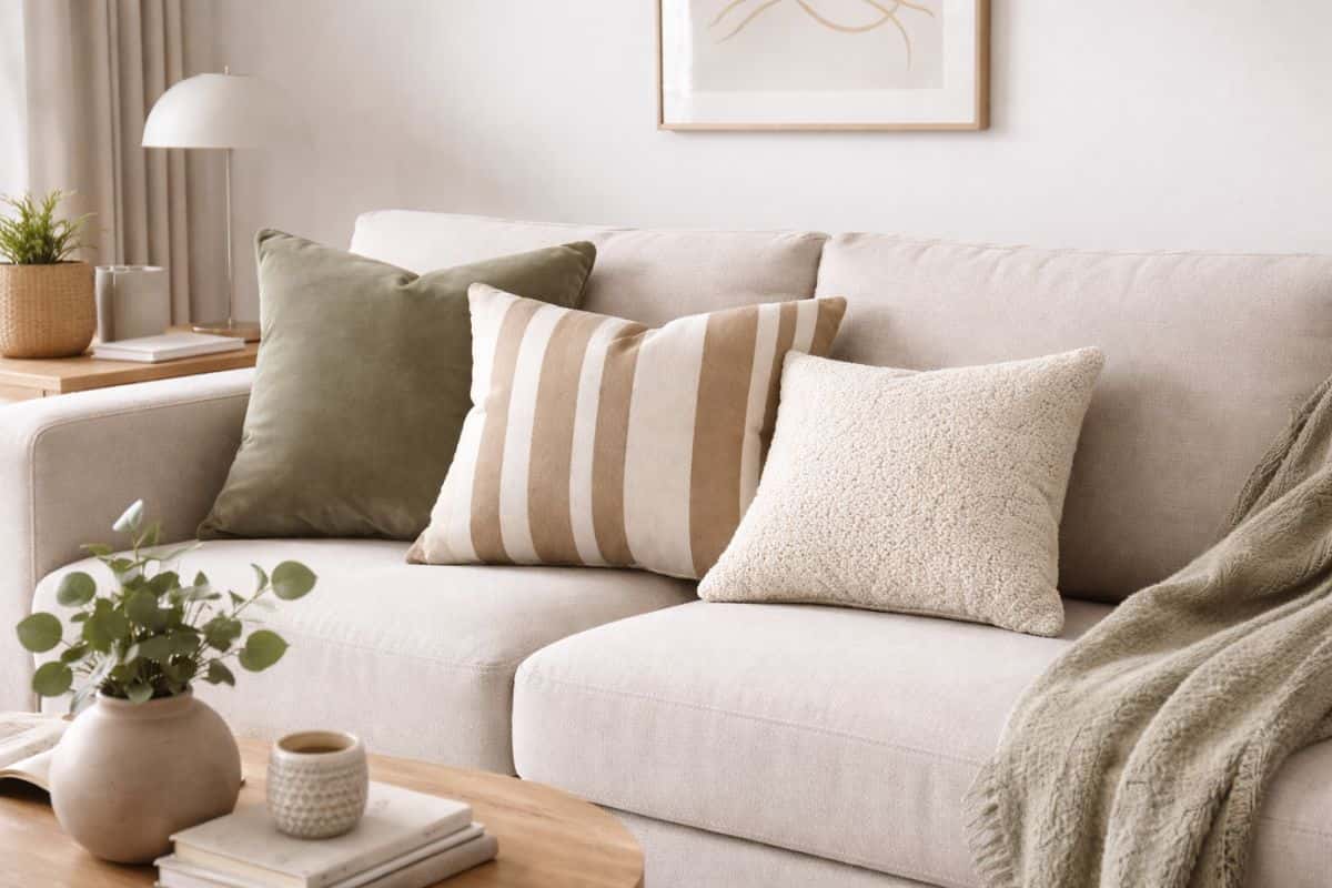 divano con 3 cuscini in salotto luminoso