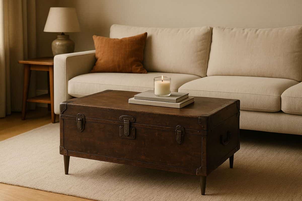 Baule trasformato in tavolo davanti al divano