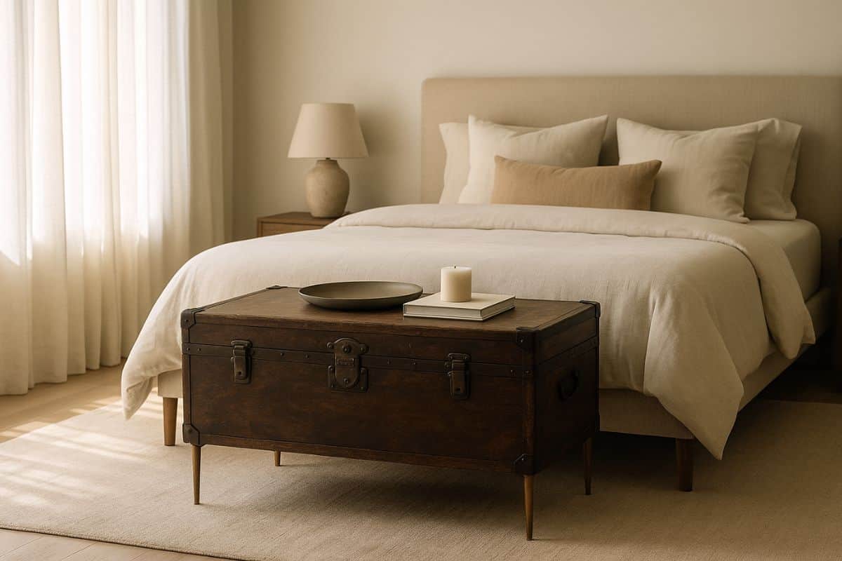 Baule trasformato in tavola ai piedi del letto