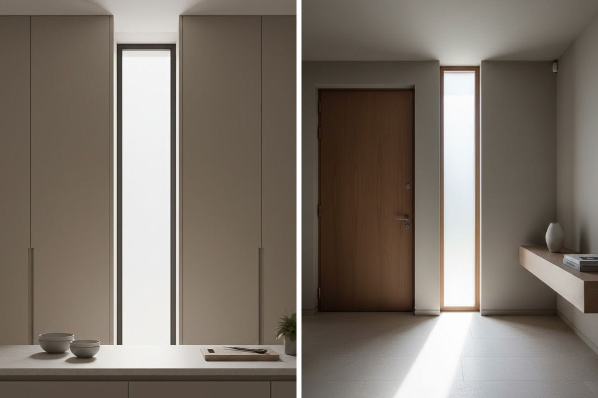 Cucina e corridoio entrambi chiari e con finestre alte e strette