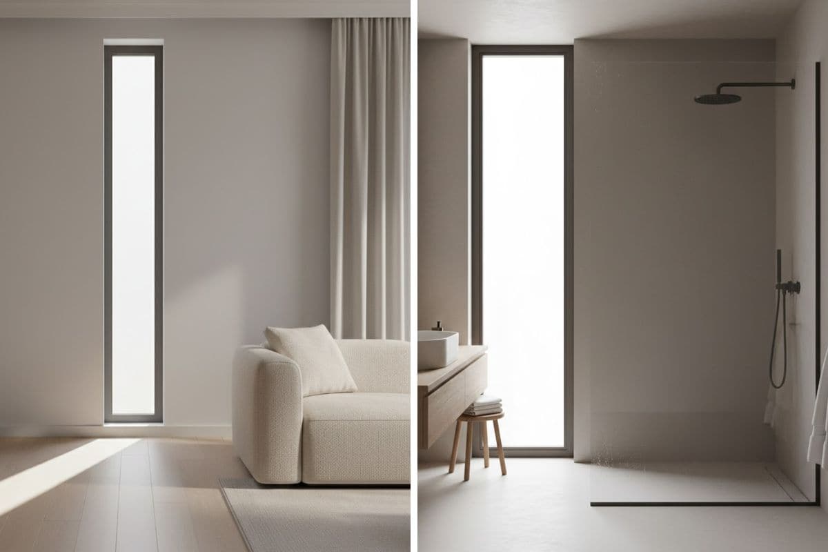 Salotto con colori chiari e finestra alta e bagno luminoso con finestra stretta