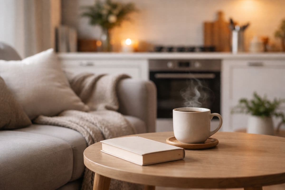 Primo piano tavolino con libro, tazza di tè e divano con cucina ordinata sullo sfondo