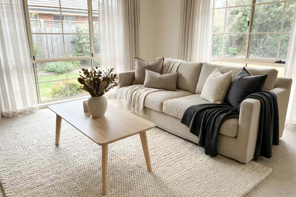 Salotto chiaro con divano con cuscini ordinati