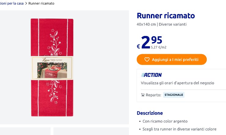 runner da tavola rosso sul sito action