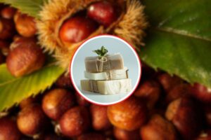 uno sfondo pieno di castagne e in primo piano dei pezzetti di sapone naturale