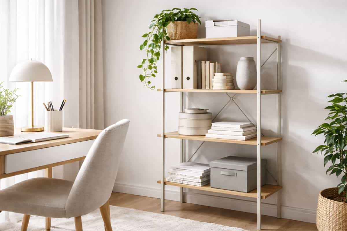 Scaffale a tre ripiani in angolo ufficio luminoso