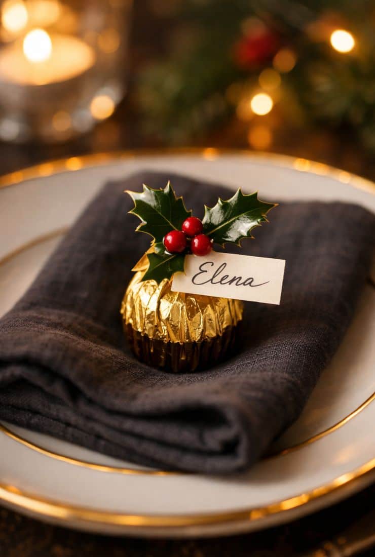 Primo piano segnaposto natalizio su tovagliolo scuro un piatto di ceramica