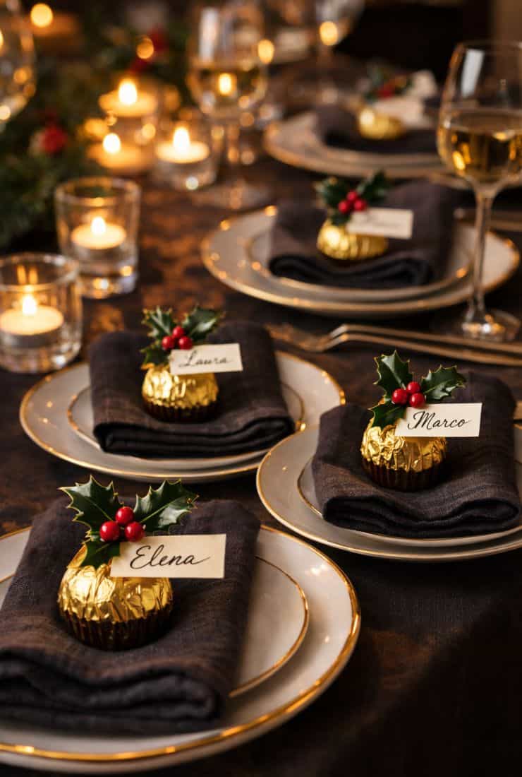 Tavola natalizia imbandita con piatti di ceramica e cioccolatini segnaposto