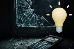 vetro rotto con cellulare acceso vicino ed una lampadina gialla