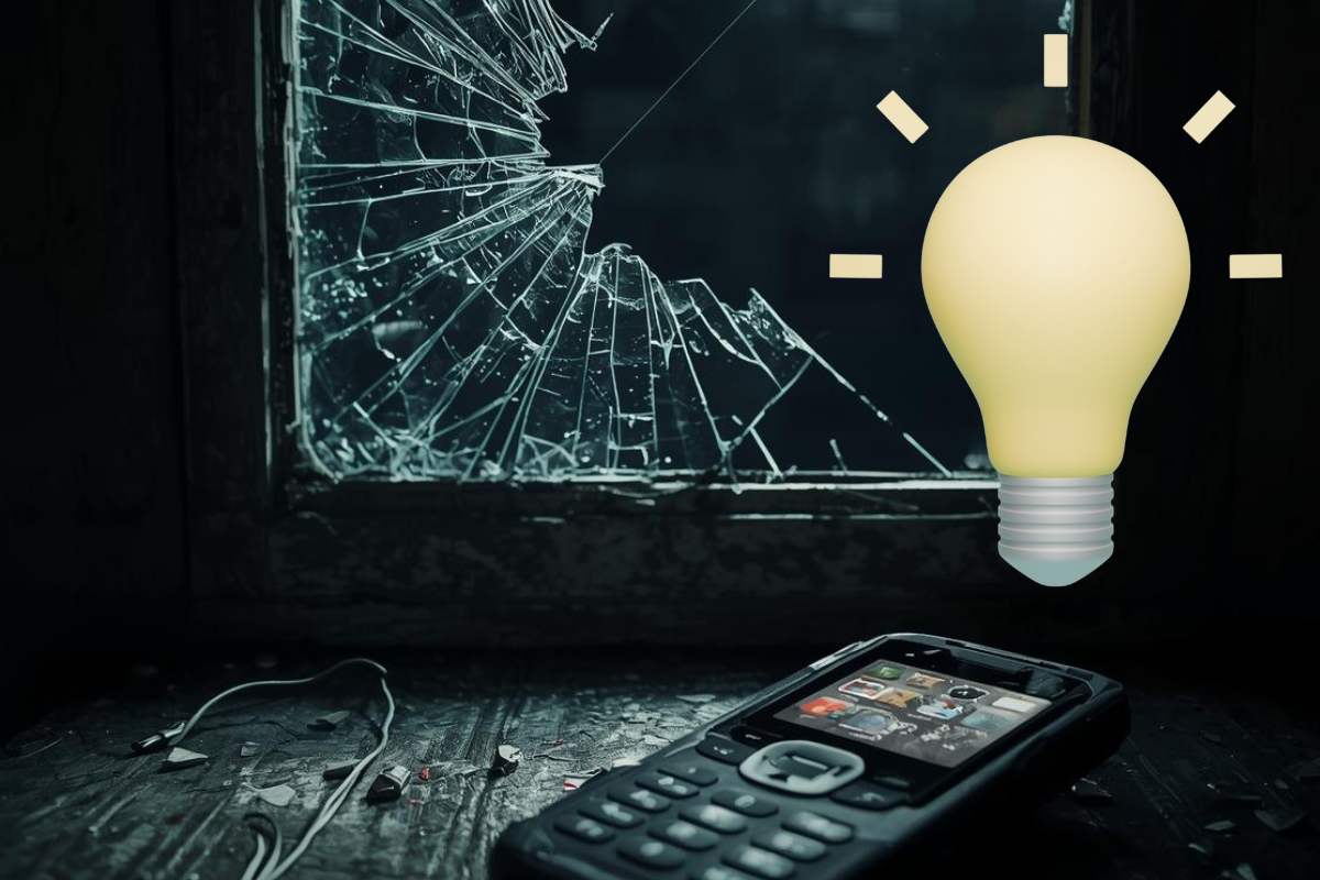vetro rotto con cellulare acceso vicino ed una lampadina gialla